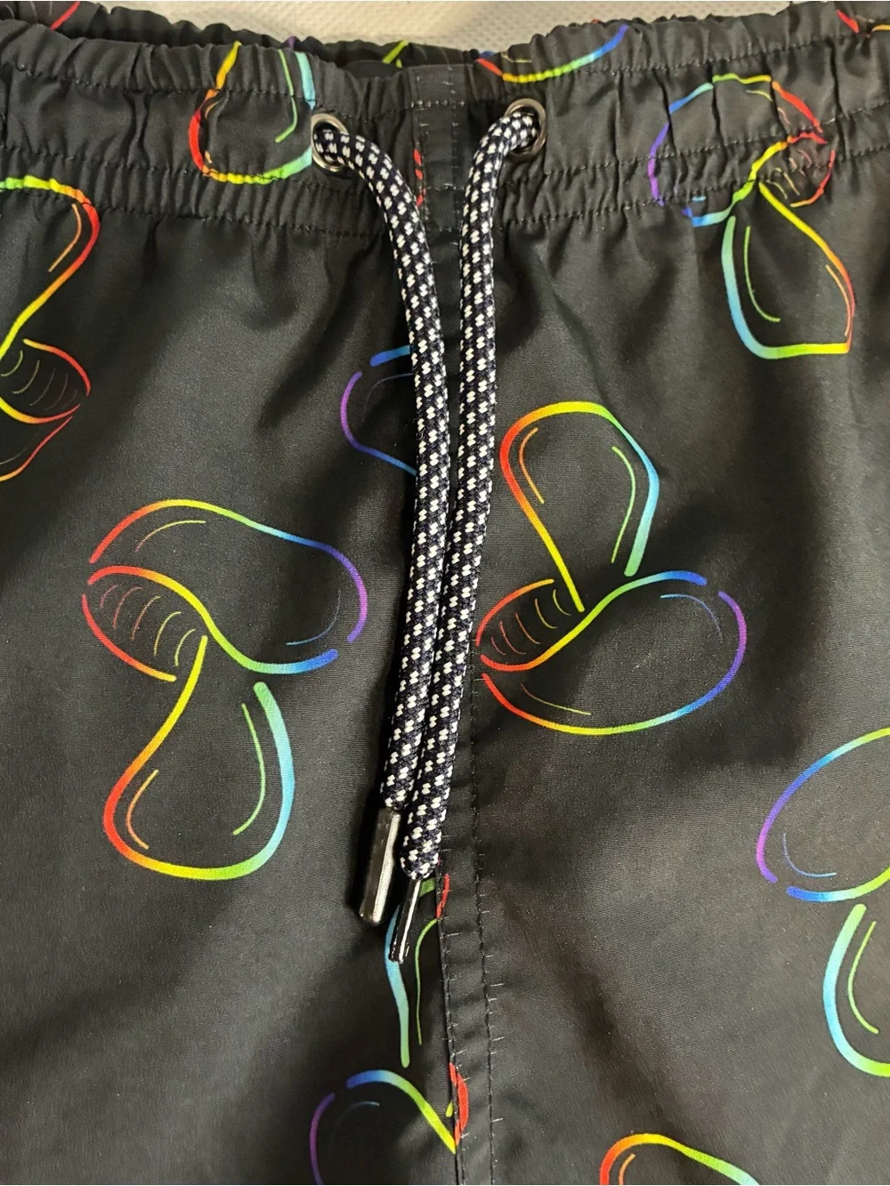 ENNEA Swim Trunks Men’s XL  Black Multicolor Mushroom Mesh Lining 3 Pockets Flaw